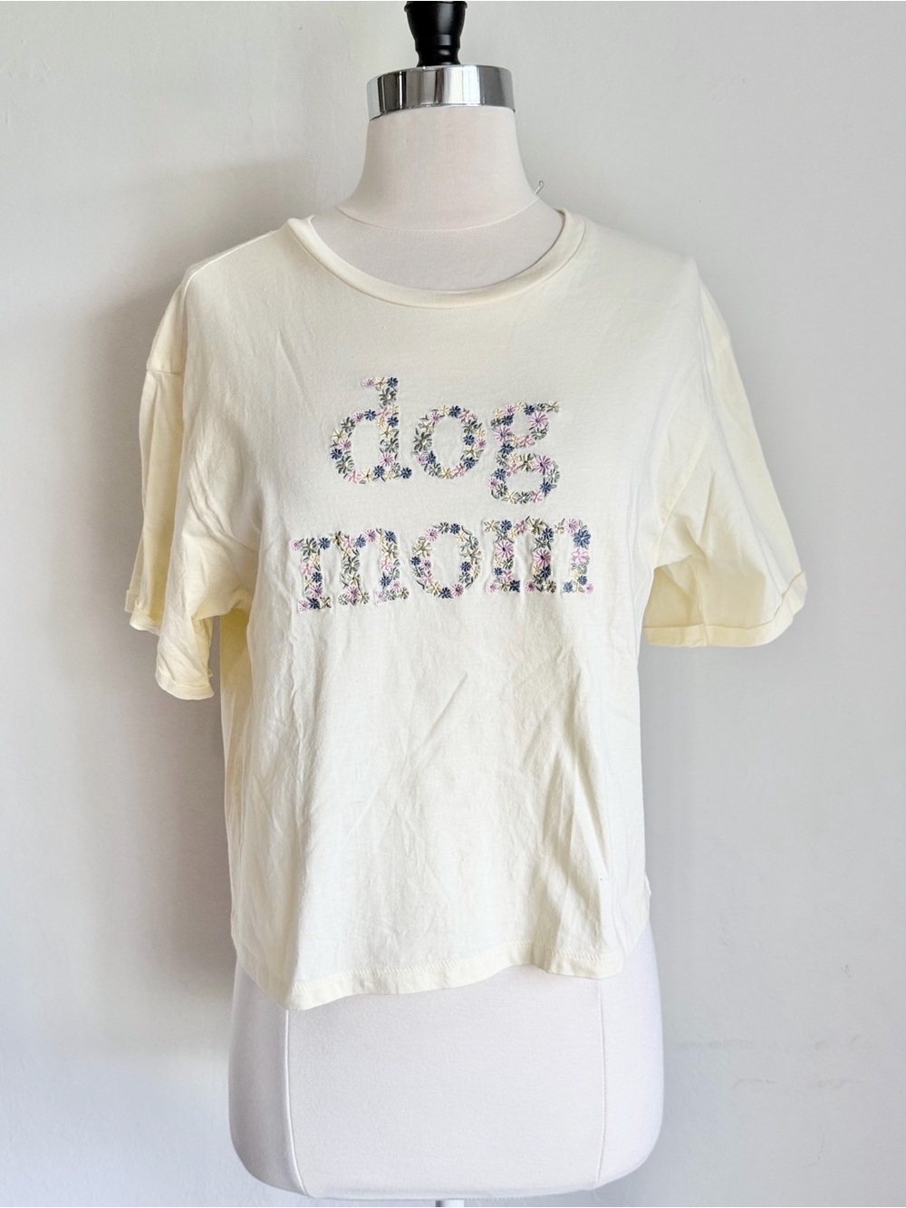 Organic Collective Floral "Dog Mom" Embroidered Graphic Crop Tee, Pale Yellow, M